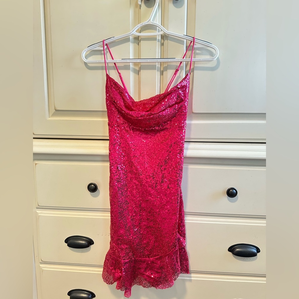 Lucy in the Sky Sequin Ruffled Slit Dress in Pink